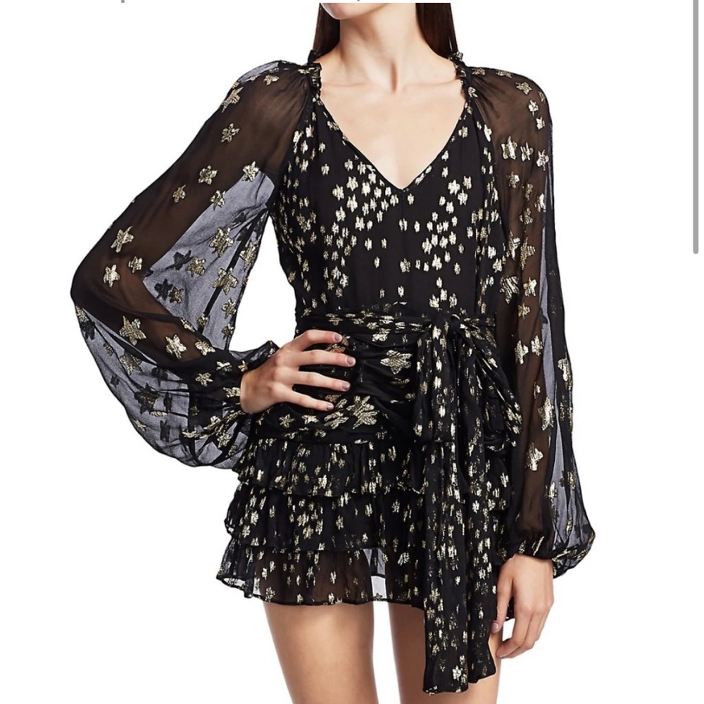 Loveshackfancy Rina Black Gold Metallic Star Mini Party Dress 6